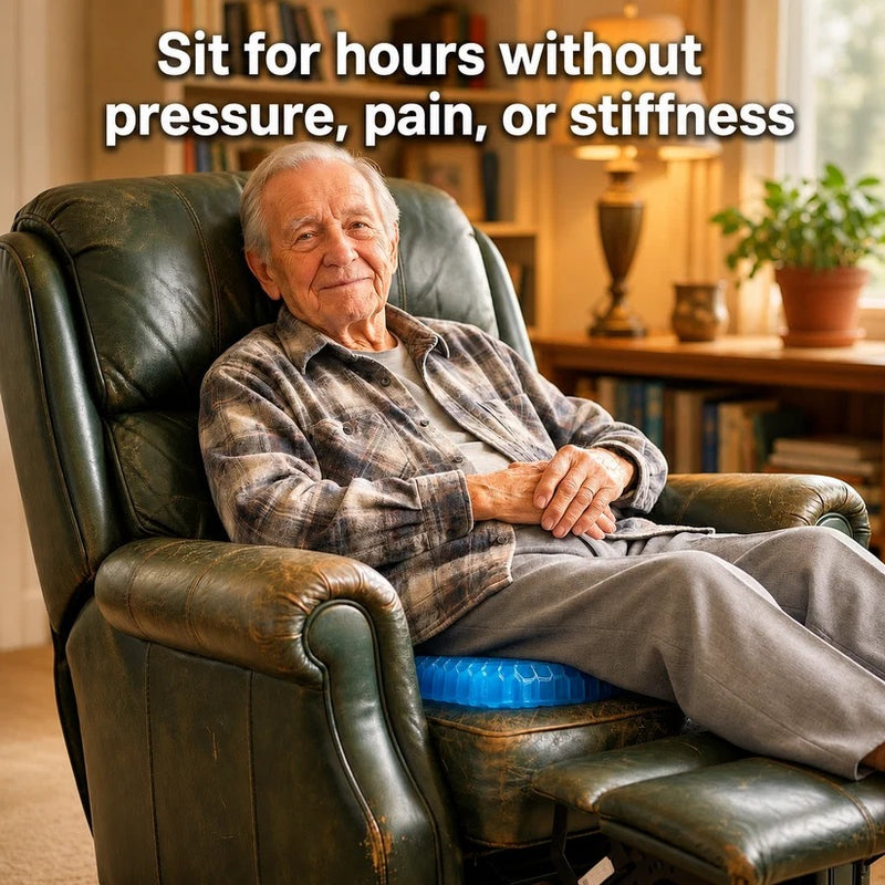 Man sitting comfortably in an armchair on the Nookala Gel Cushion