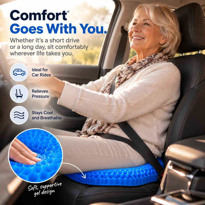 Woman driving comfortably on the Nookala Gel Cushion