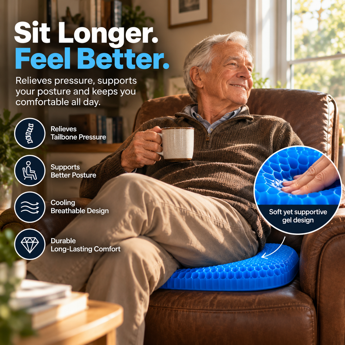 Man relaxing with a cup of tea on the Nookala Gel Cushion