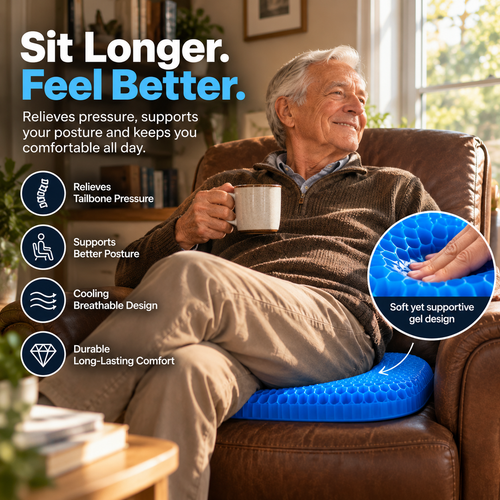 Man relaxing with a cup of tea on the Nookala Gel Cushion