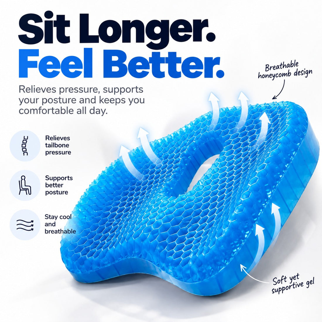 Nookala Gel Cushion with tailbone cut-out and breathable honeycomb gel